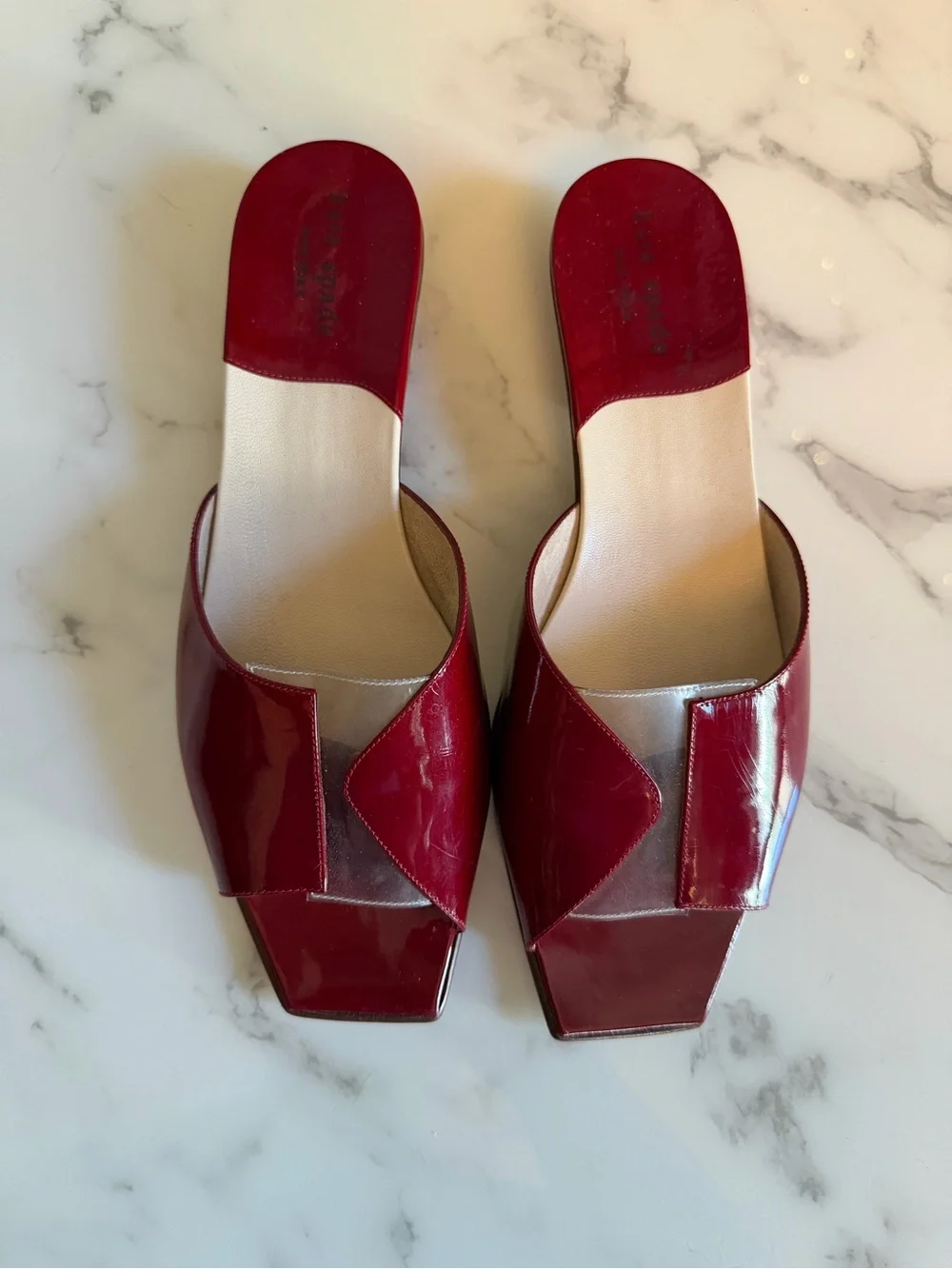 Kate Spade Red Patent Leather Mules Clear Cutout Size 7.5